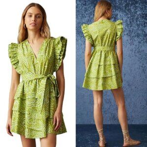 NWT Marie Oliver V-Neck Tie Waist Tiered Fiona Dress Lime Burst Green Size: S